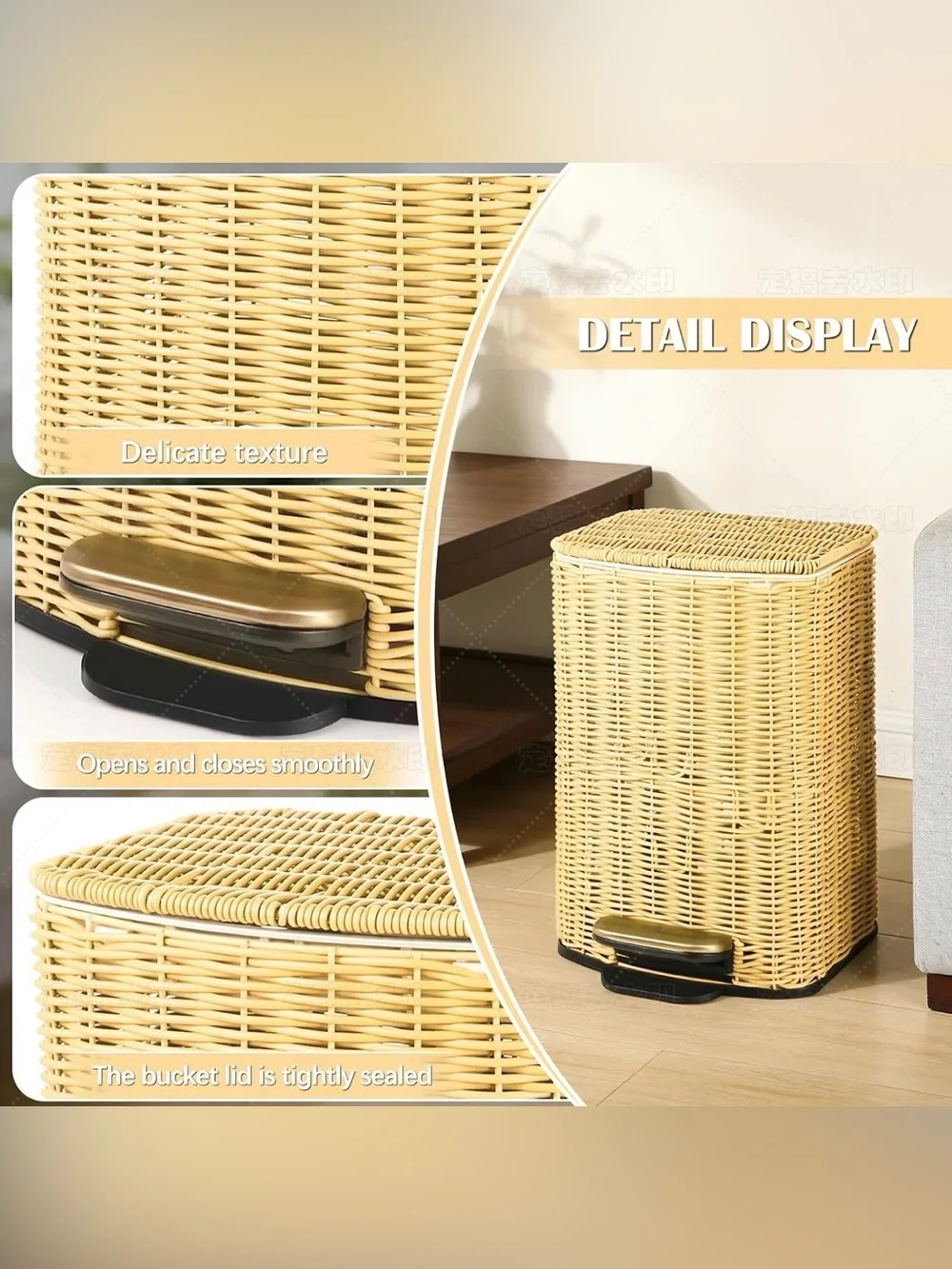 Handwoven Faux Rattan Trash Can Wicker Soft Slow Close Lid, Gold Tone Foot Pedal